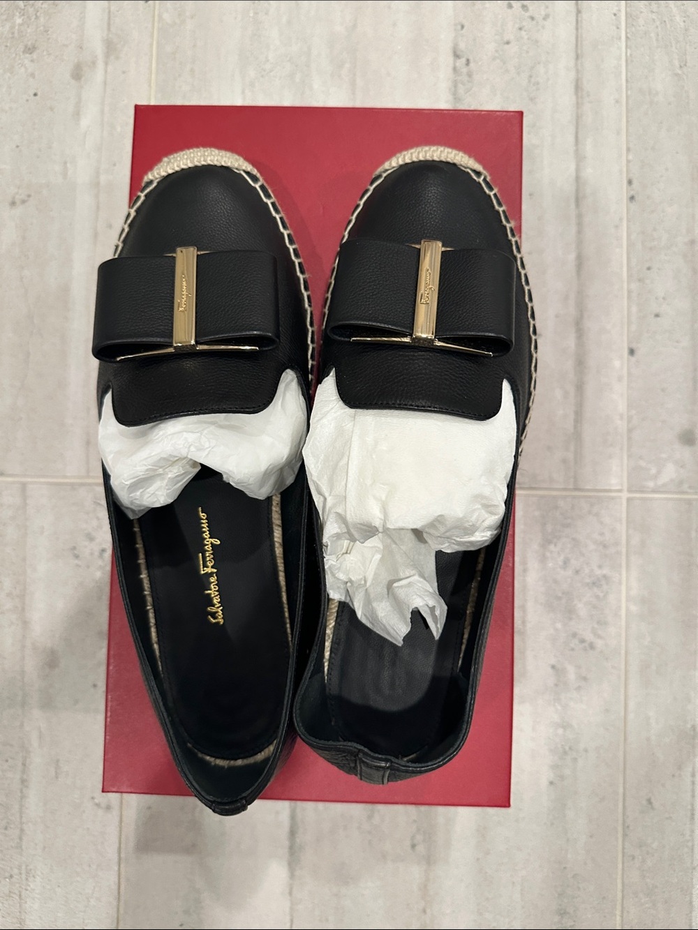 Salvatore Ferragamo Black Leather Bow Espadrille Loafers with Gold Hardware